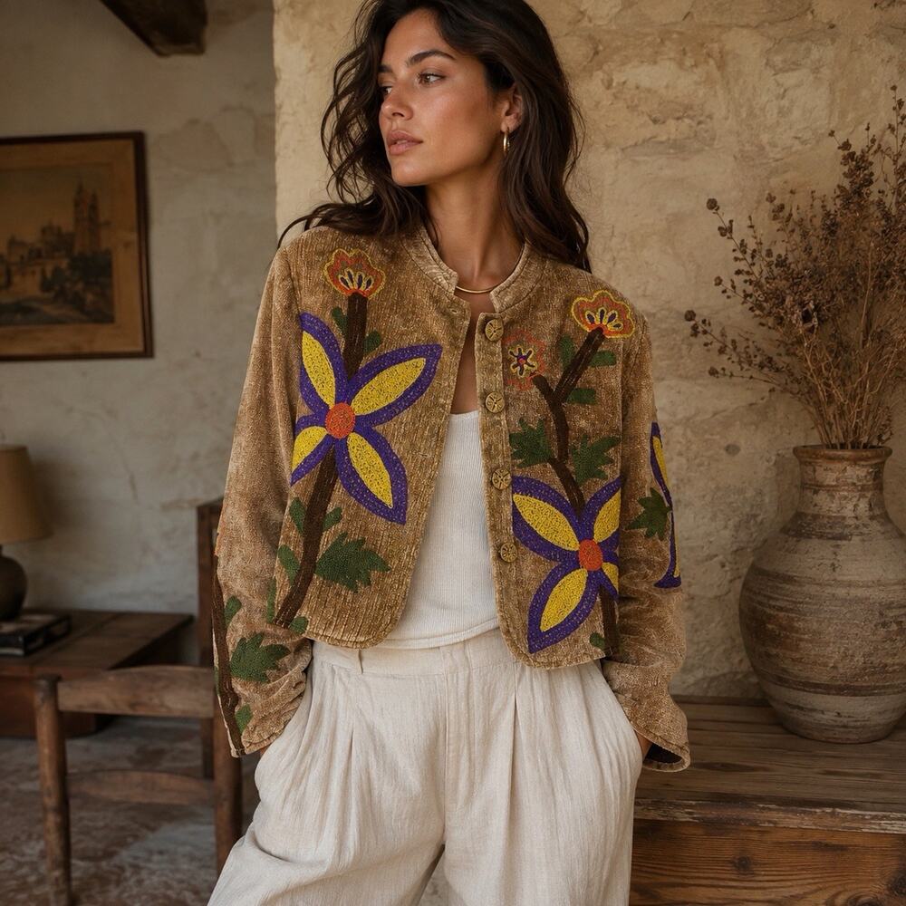 Vtg Alex Kim Women’s L Embroidered Chenille Floral Cropped Jacket Boho Art Wear